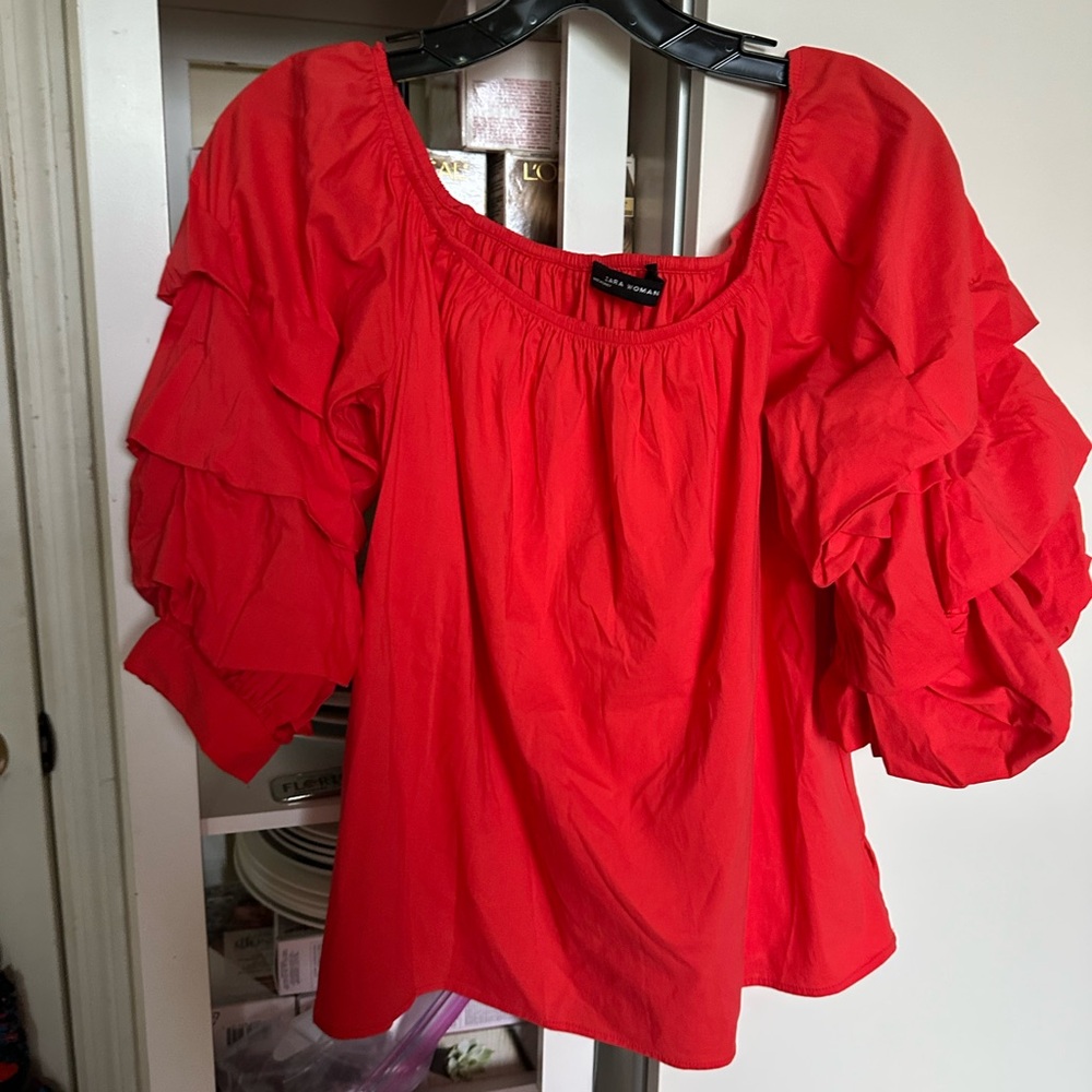 Zara Woman Red Ruffle Sleeve Top